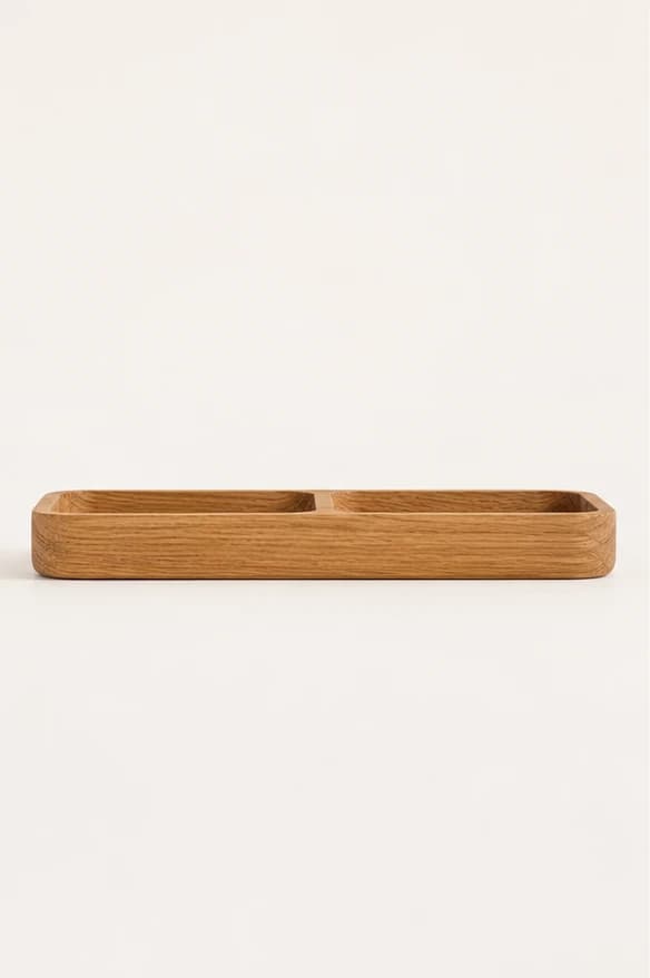 Oak tray keeping daily essentials organized